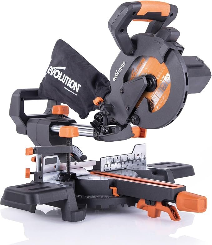 716ZPIBAvL._AC_SX679_.jpg Evolution Power Tools R185SMS+ Sliding Miter Saw with Multi-Material Cutting, 45 Degree Bevel, 50 Degree Miter, 210 mm Slide, Blade Included Cuts Wood Plastic Metal & More, 7-1/4 - Image 1